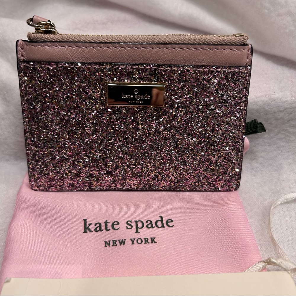 Kate Spade pink/rose gold Sunset Lane Adi coin zip mini wallet. NWT.